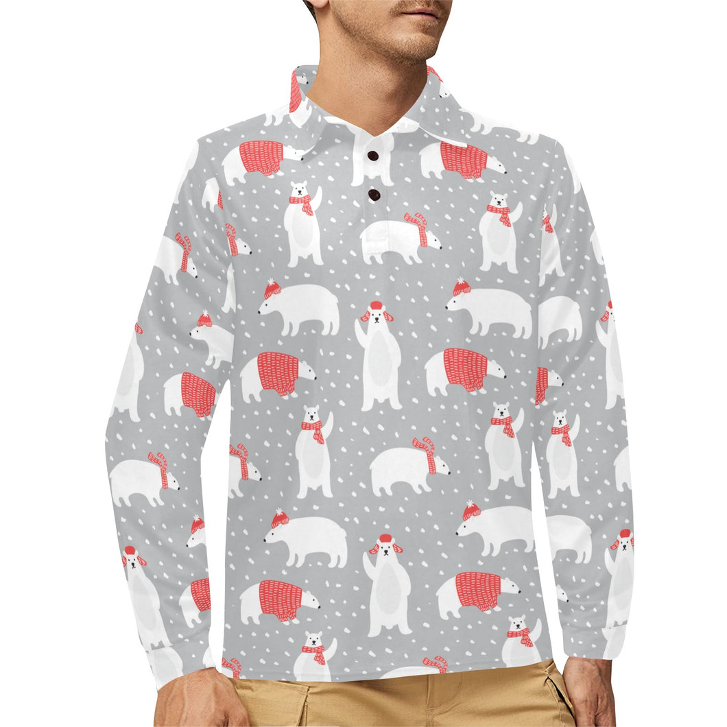 Cute polar bear christmas snow pattern Men's Long Sleeve Polo Shirt