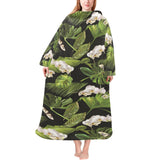 White orchid flower tropical leaves pattern blackg Blanket Robe with Sleeves