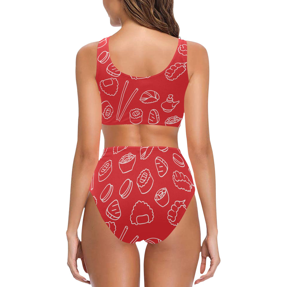 sushi pattern red background Chest Bowknot High Waisted Bikini Swimsuit