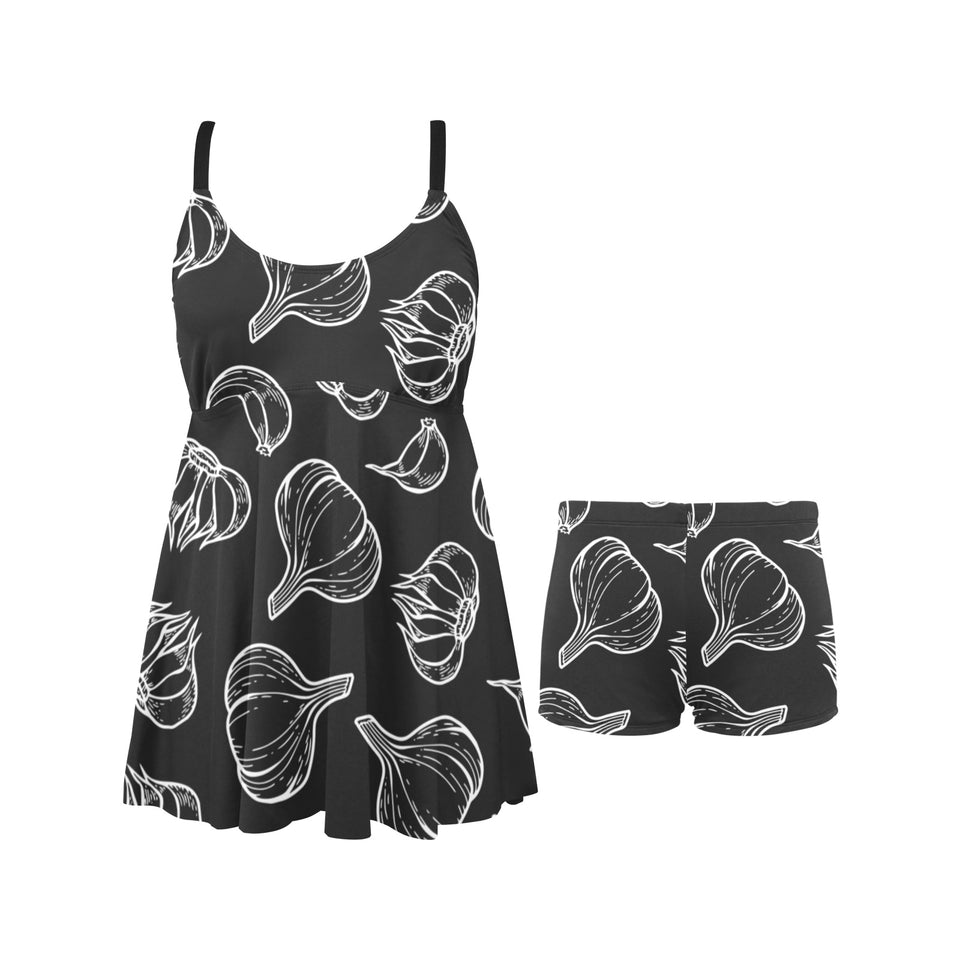 Garlic pattern black background Chest Sexy Pleated Two Piece Swim Dress