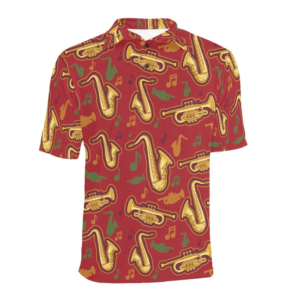 Saxophone cornet pattern red background Men's All Over Print Polo Shirt