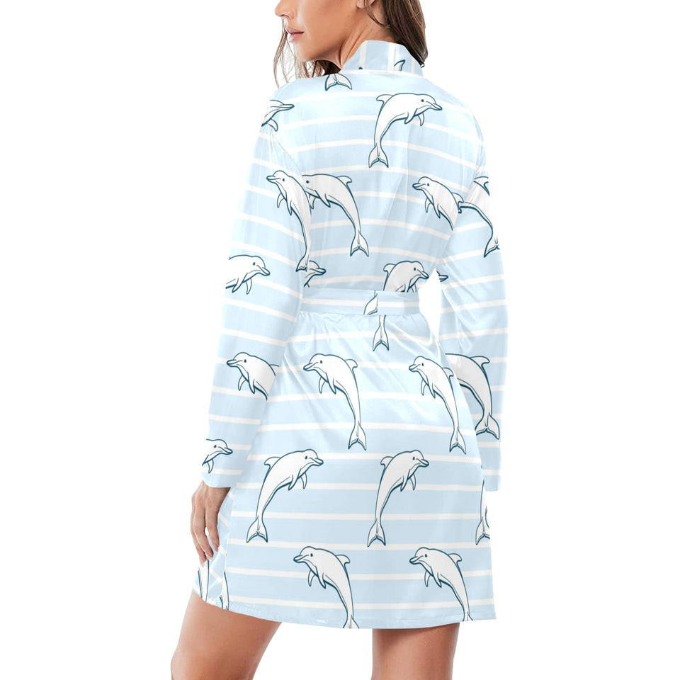 Dolphin blue striped background Women's Long Sleeve Belted Night Robe