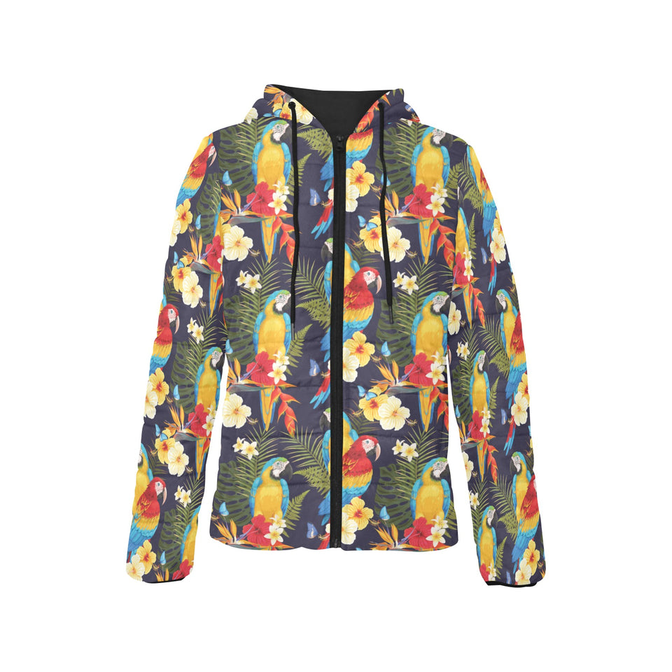 Colorful parrot flower pattern Women's Padded Hooded Jacket
