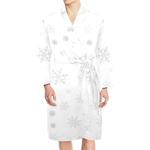 Snowflake pattern white background Men's Long Sleeve Belted Night Robe