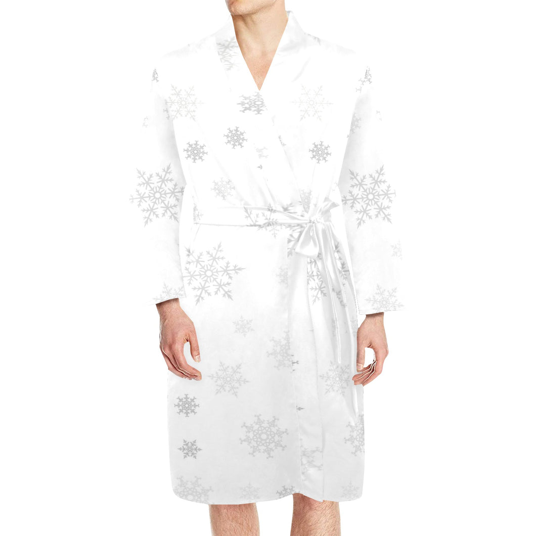 Snowflake pattern white background Men's Long Sleeve Belted Night Robe