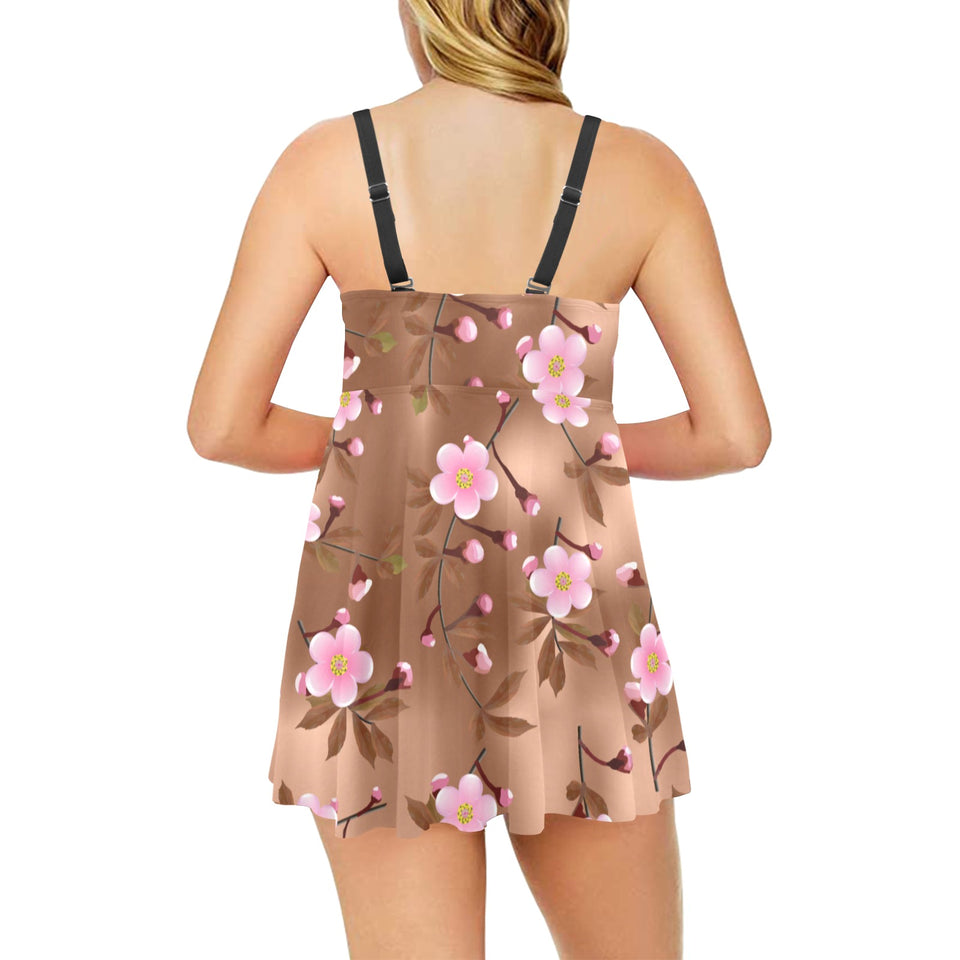 Pink sakura cherry blossom drak brown background Chest Sexy Pleated Two Piece Swim Dress