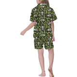Cute sloths tropical palm leaves black background Kids' Boys' Girls' V-Neck Short Pajama Set