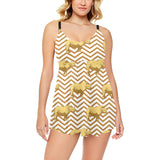 Rhino yellow theme pattern Chest Sexy Pleated Two Piece Swim Dress
