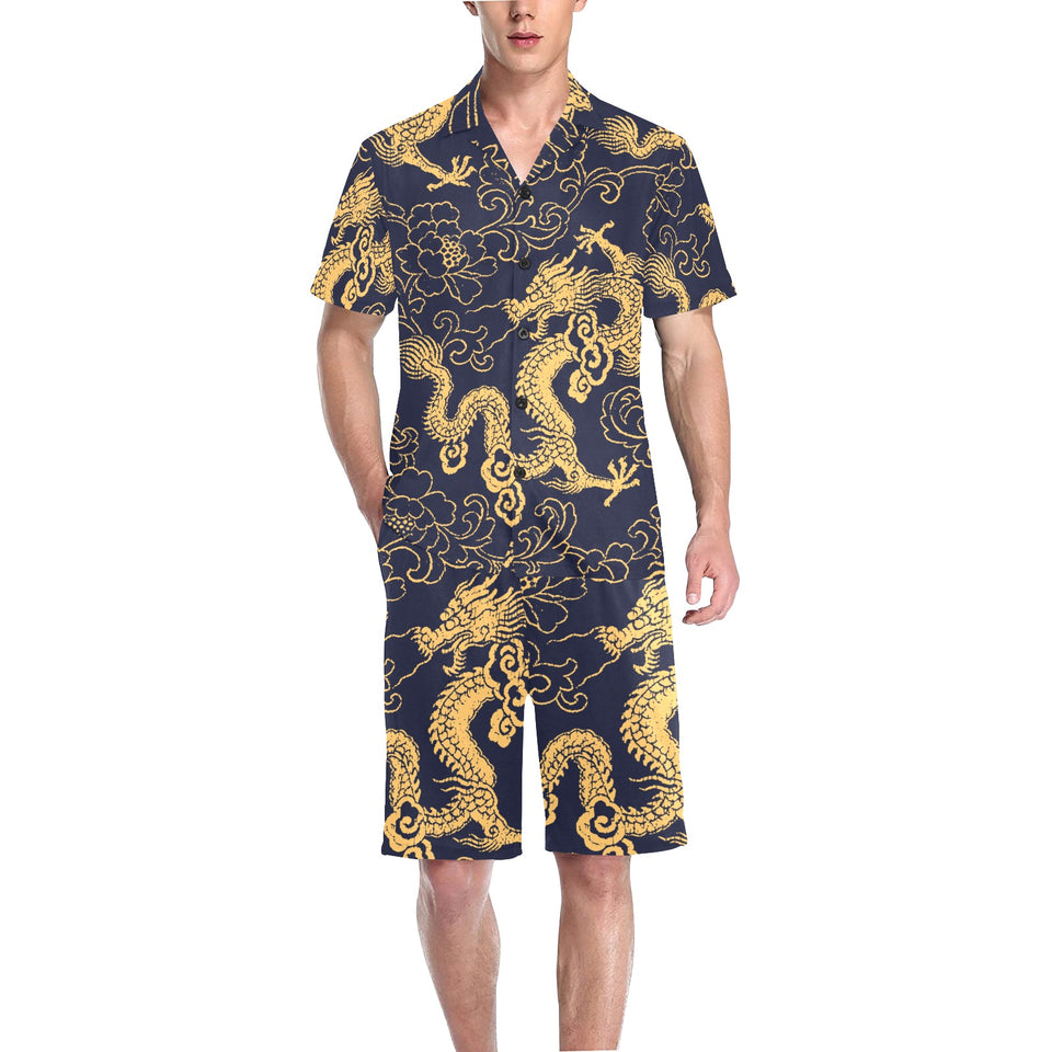 Gold dragon pattern Men's V-Neck Short Pajama Set
