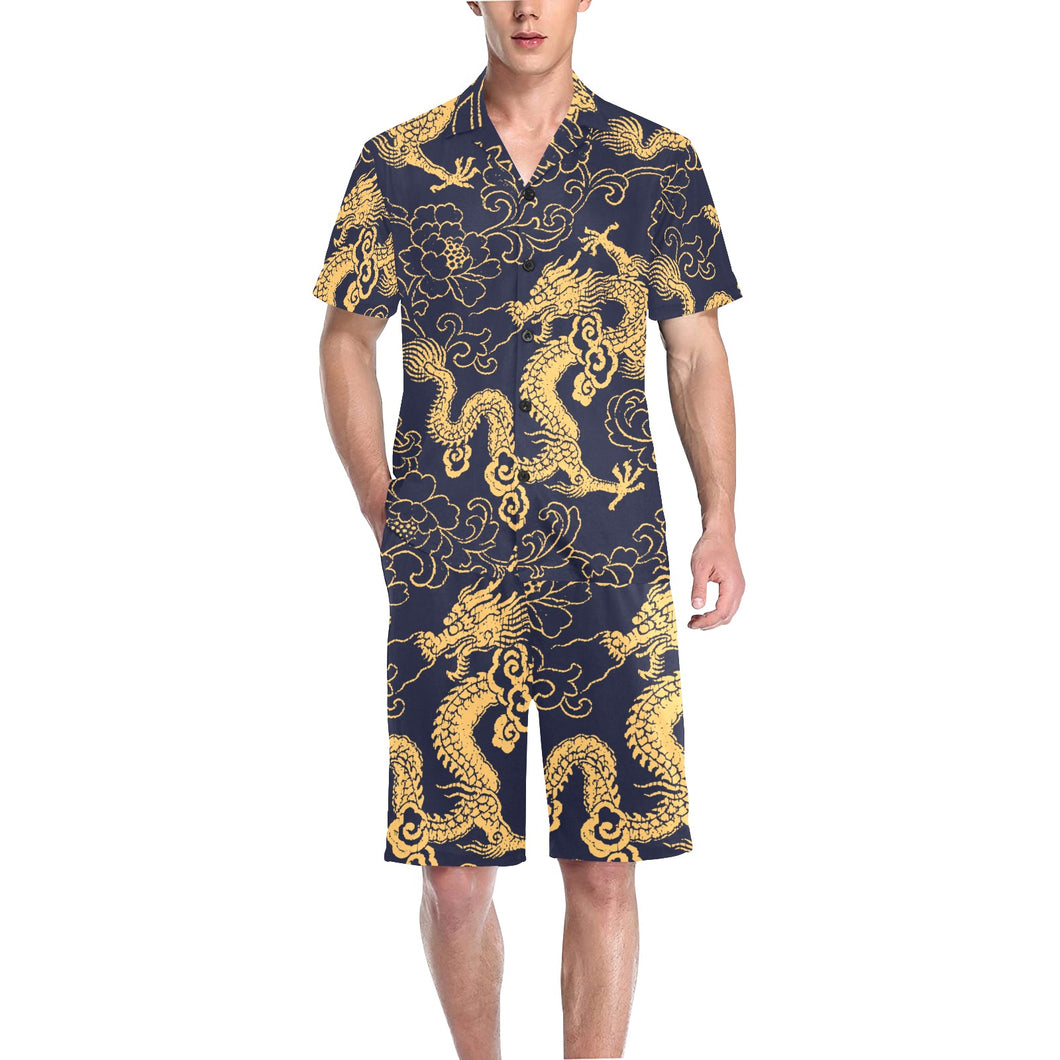 Gold dragon pattern Men's V-Neck Short Pajama Set
