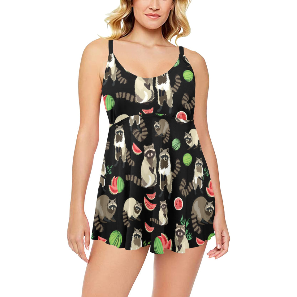 Raccoon watermelon pattern Chest Sexy Pleated Two Piece Swim Dress