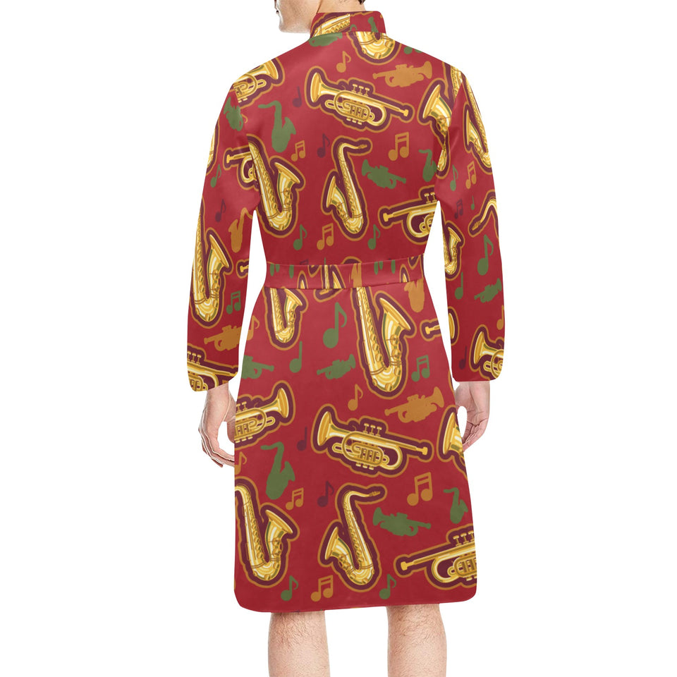 Saxophone cornet pattern red background Men's Long Sleeve Belted Night Robe