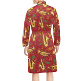 Saxophone cornet pattern red background Men's Long Sleeve Belted Night Robe