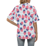 Strawberry pattern blue lines background Women's All Over Print Hawaiian Shirt