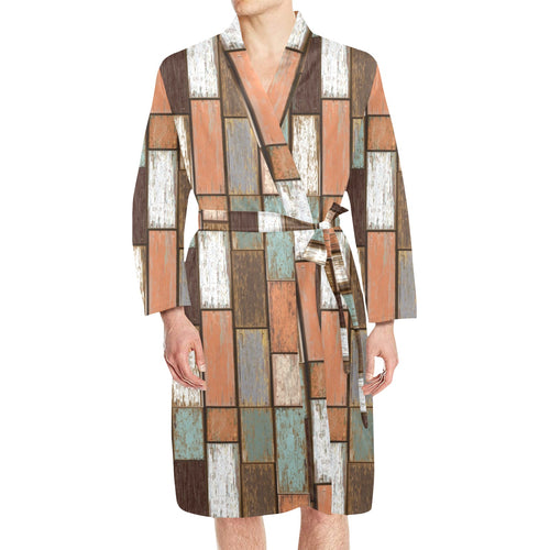 Wood Printed Pattern Print Design 02 Men's Long Sleeve Belted Night Robe