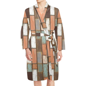 Wood Printed Pattern Print Design 02 Men's Long Sleeve Belted Night Robe