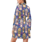 Sugar skull flower pattern Women's Long Sleeve Belted Night Robe