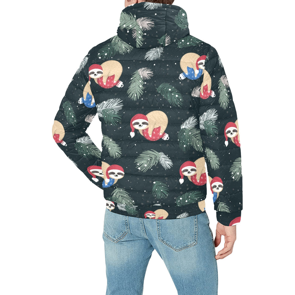 Cute sloths sleeping christmas ball santa hat patt Men's Padded Hooded Jacket