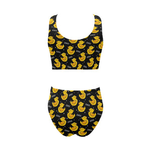 Duck Pattern Print Design 05 Chest Bowknot High Waisted Bikini Swimsuit
