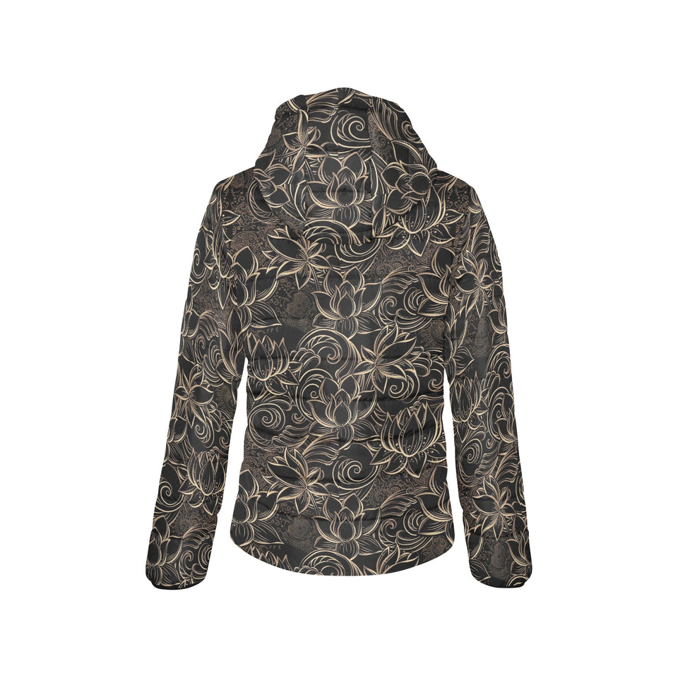 luxurious gold lotus waterlily black background Women's Padded Hooded Jacket