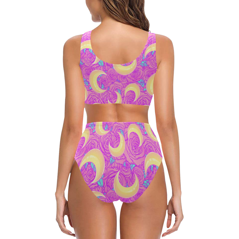 Moon pink rose background Chest Bowknot High Waisted Bikini Swimsuit