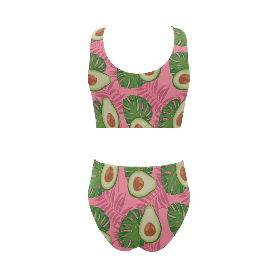 Avocado slices leaves pink back ground Chest Bowknot High Waisted Bikini Swimsuit
