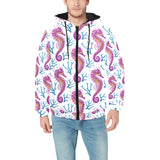 Purple seahorse blue coral pattern Men's Padded Hooded Jacket