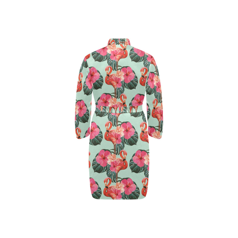 Beautiful flamingo tropical palm leaves hibiscus p Men's Long Sleeve Belted Night Robe