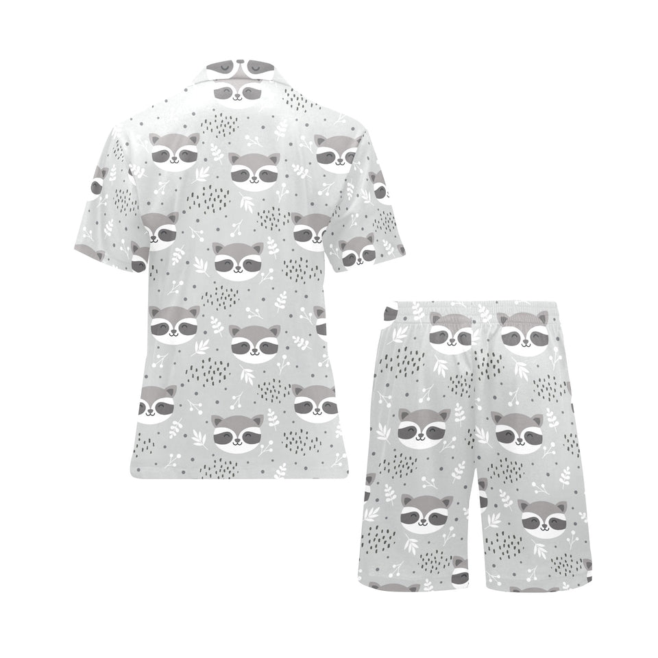 Cute raccoons leaves dot Men's V-Neck Short Pajama Set
