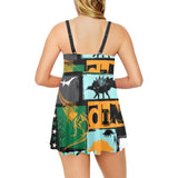 dinosaurs print pattern Chest Sexy Pleated Two Piece Swim Dress