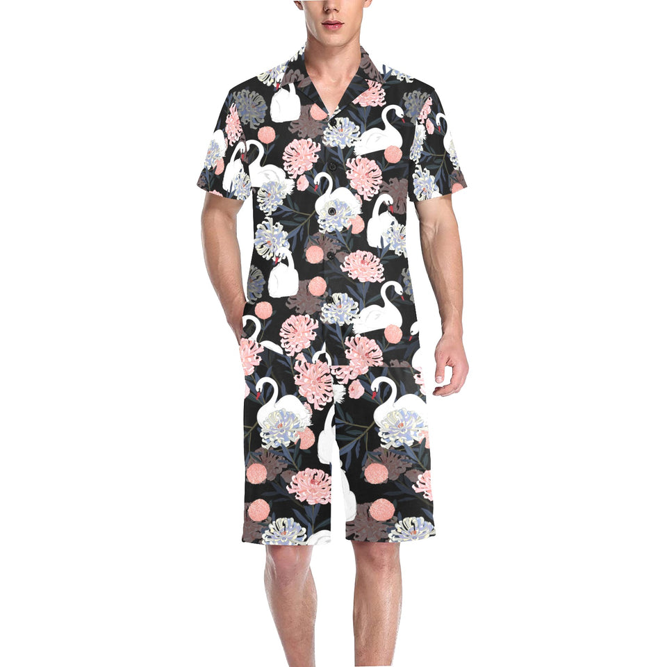 white swan blooming flower pattern Men's V-Neck Short Pajama Set