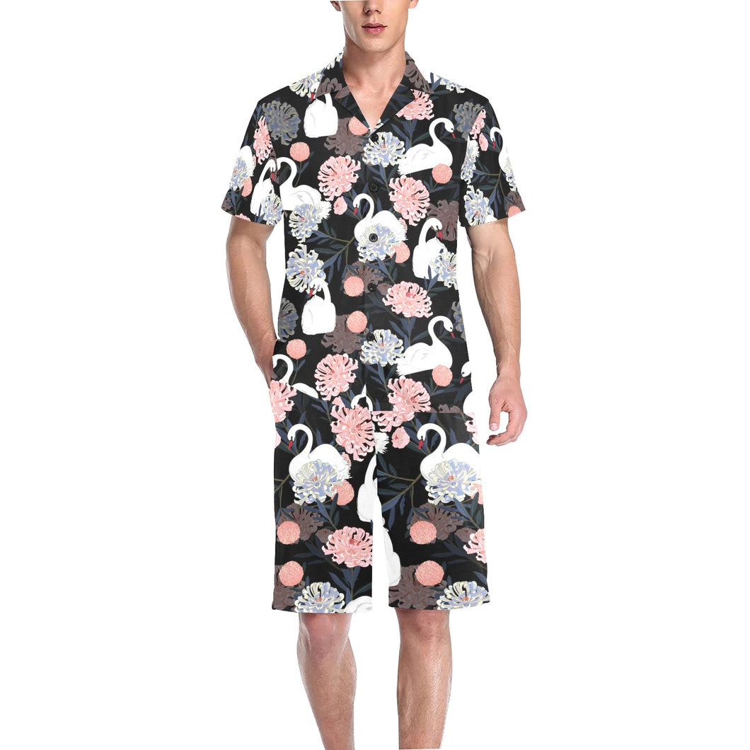 white swan blooming flower pattern Men's V-Neck Short Pajama Set