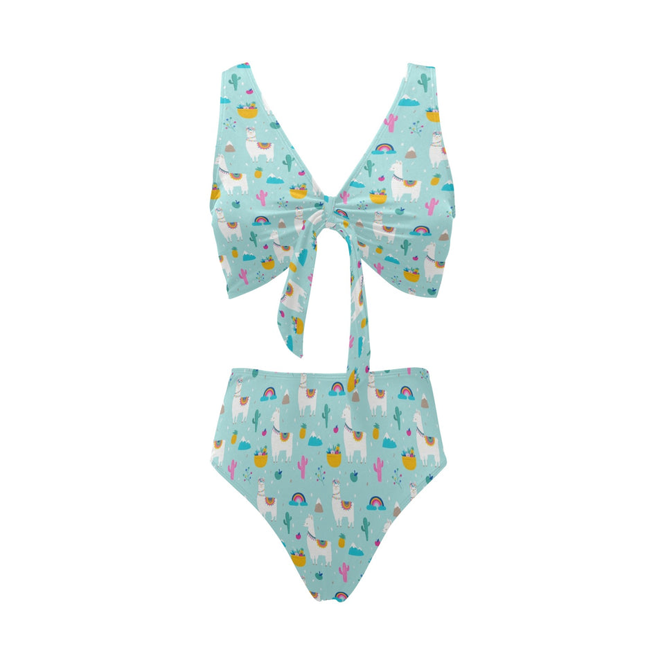 Llama alpaca cactus leaves pattern Chest Bowknot High Waisted Bikini Swimsuit