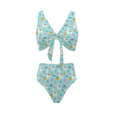 Llama alpaca cactus leaves pattern Chest Bowknot High Waisted Bikini Swimsuit