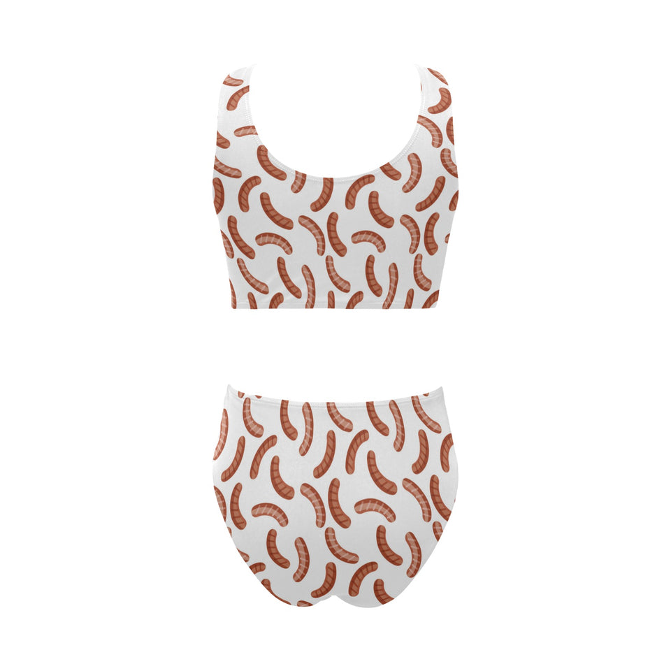 Sausage Pattern Print Design 04 Chest Bowknot High Waisted Bikini Swimsuit