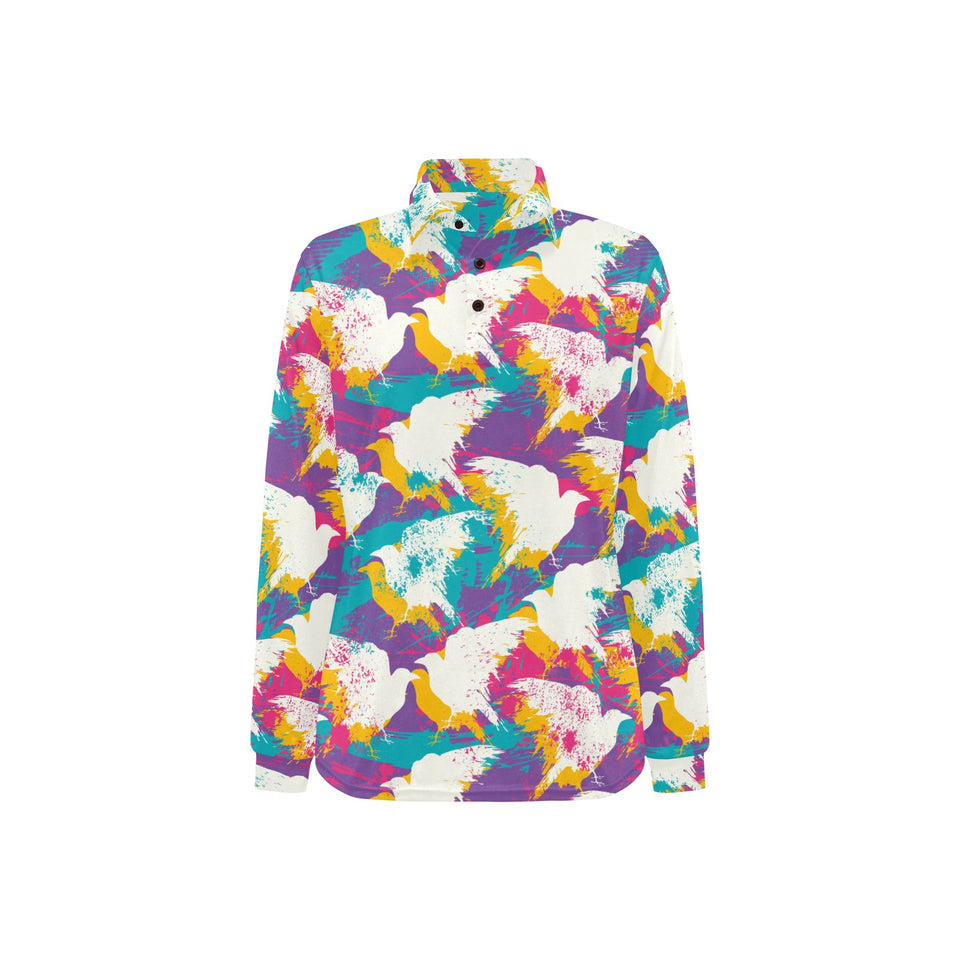 Colorful crow illustration pattern Women's Long Sleeve Polo Shirt