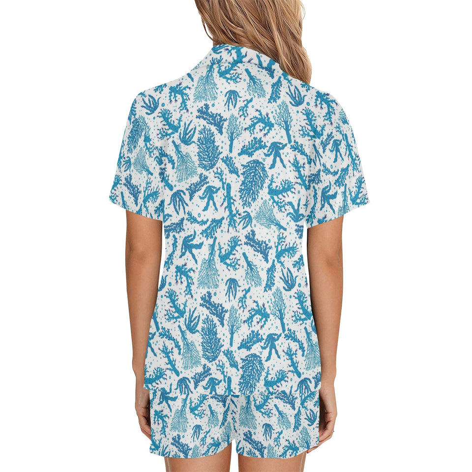 Coral Reef Pattern Print Design 01 Women's V-Neck Short Pajama Set