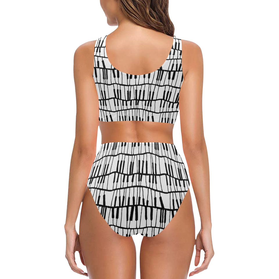 Piano Pattern Print Design 03 Chest Bowknot High Waisted Bikini Swimsuit
