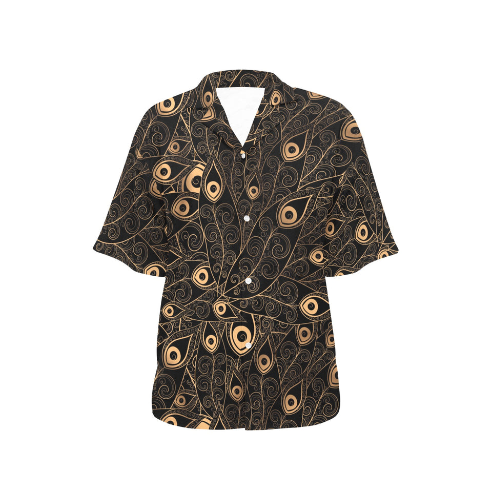 Gold peacock feather pattern Women's All Over Print Hawaiian Shirt