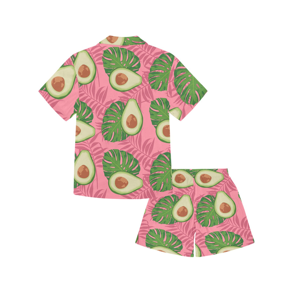 Avocado slices leaves pink back ground Kids' Boys' Girls' V-Neck Short Pajama Set