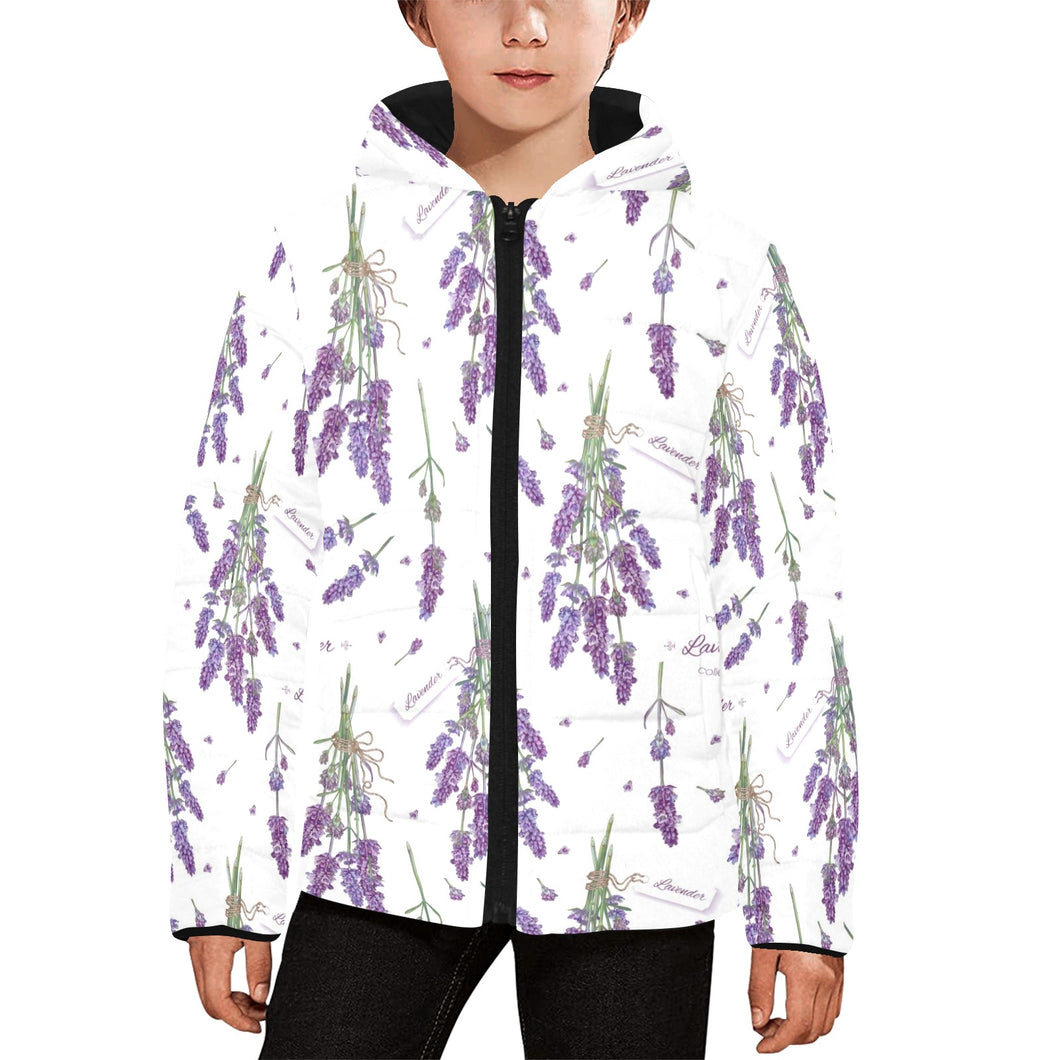 lavender flower design pattern Kids' Boys' Girls' Padded Hooded Jacket