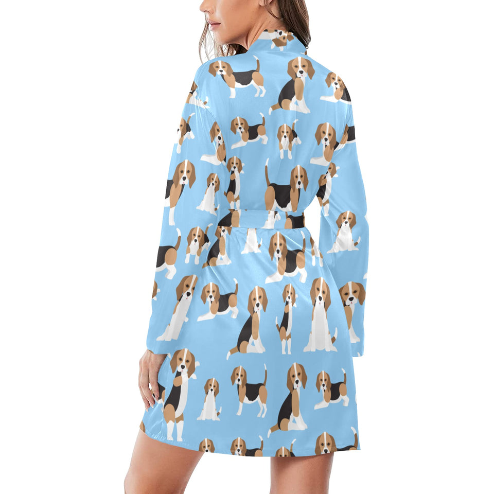 Beagle dog blue background pattern Women's Long Sleeve Belted Night Robe