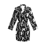 Saxophone music notes treble clef black white them Women's Long Sleeve Belted Night Robe