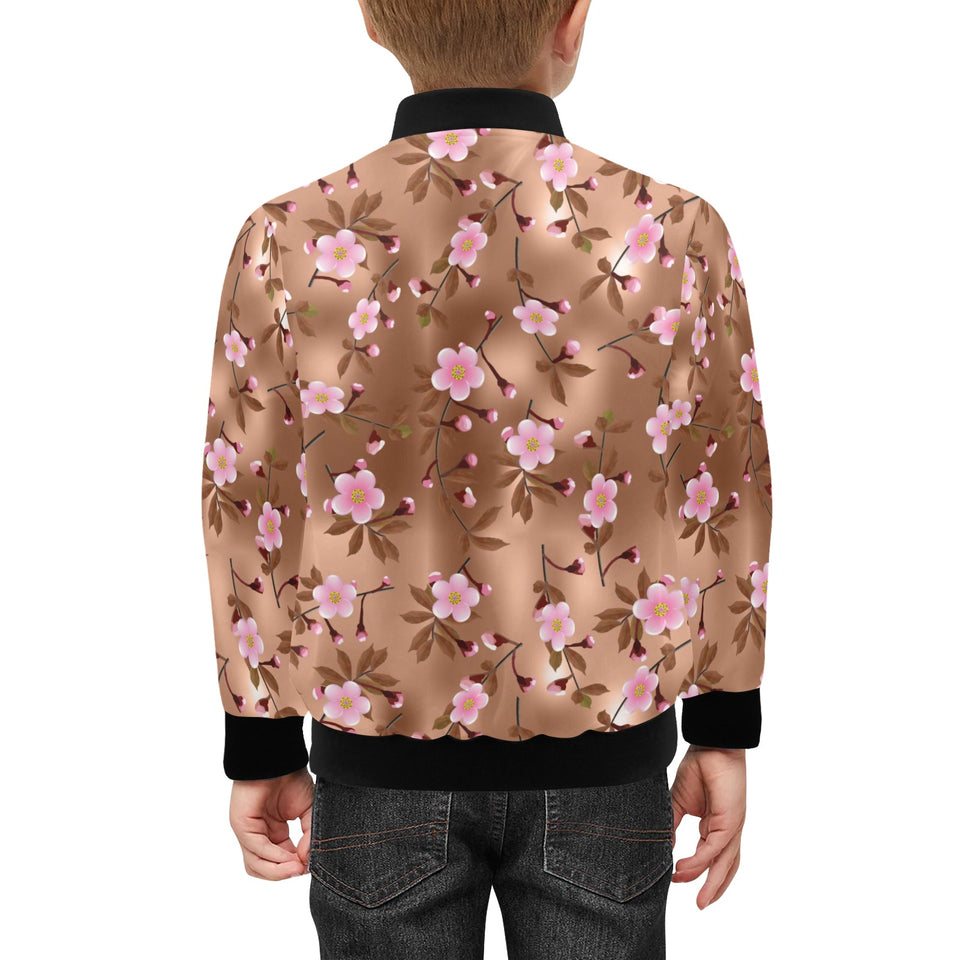 Pink sakura cherry blossom drak brown background Kids' Boys' Girls' Bomber Jacket
