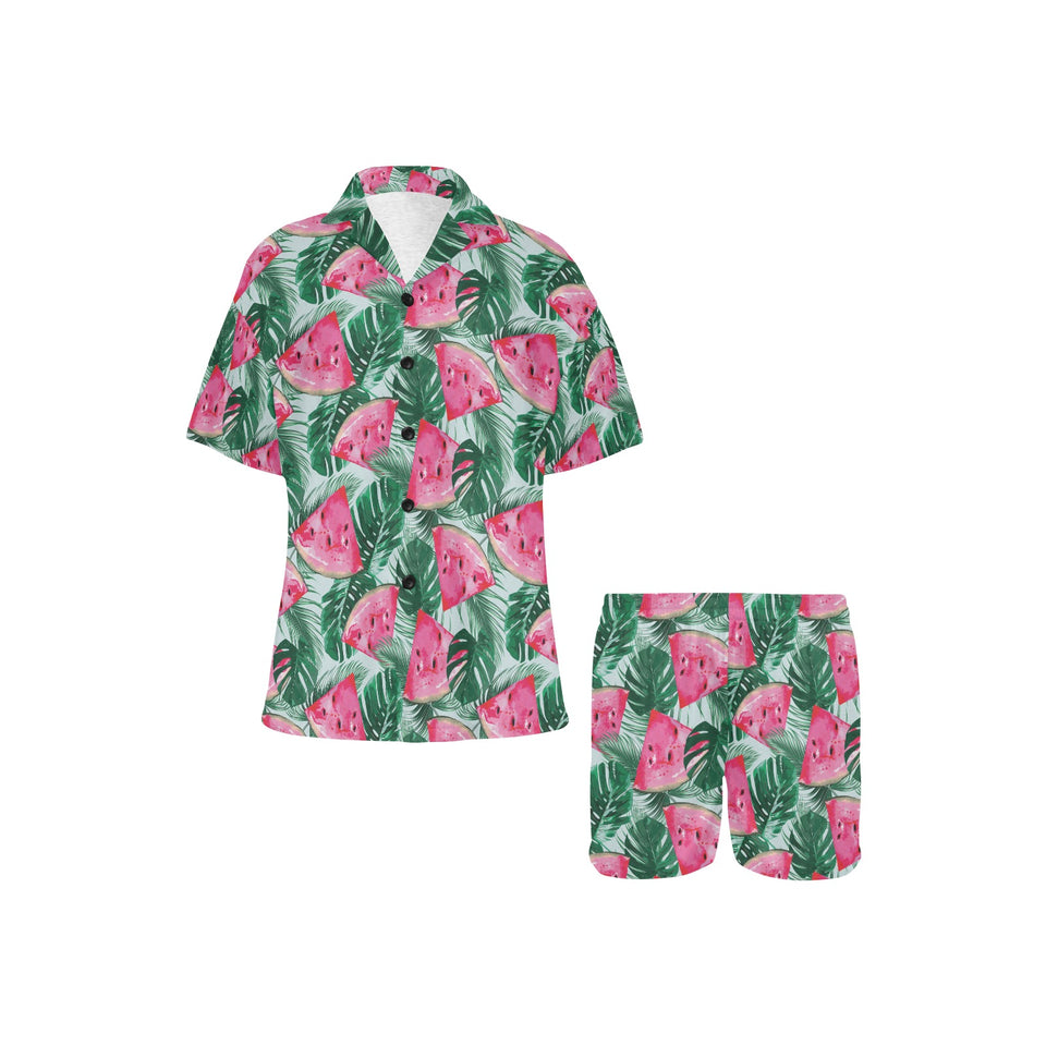 Watermelons tropical palm leaves pattern Women's V-Neck Short Pajama Set