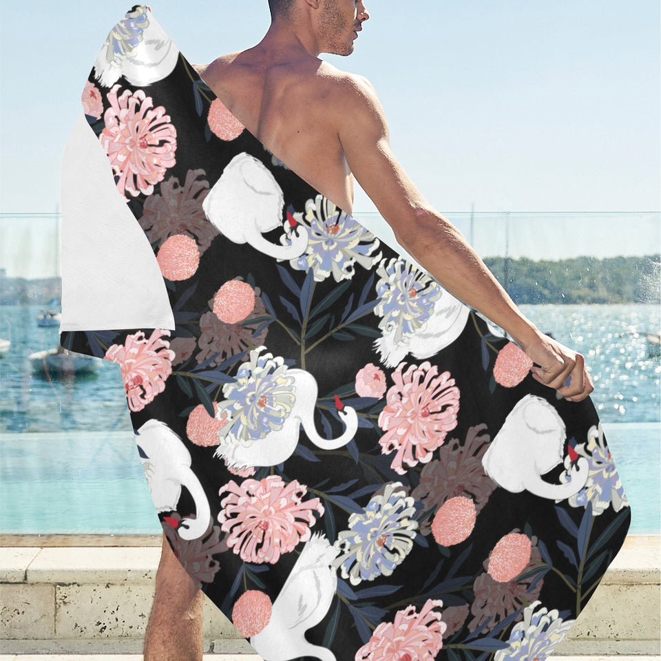 white swan blooming flower pattern Beach Towel