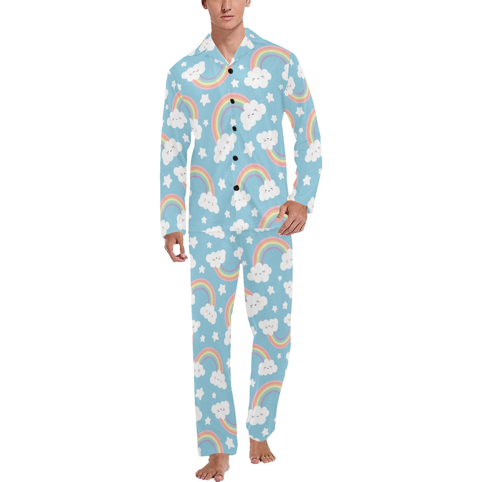 Cute rainbow clound star pattern blue background Men's Long Pajama Set