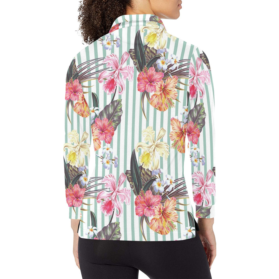 Colorful orchid flower pattern Women's Long Sleeve Polo Shirt