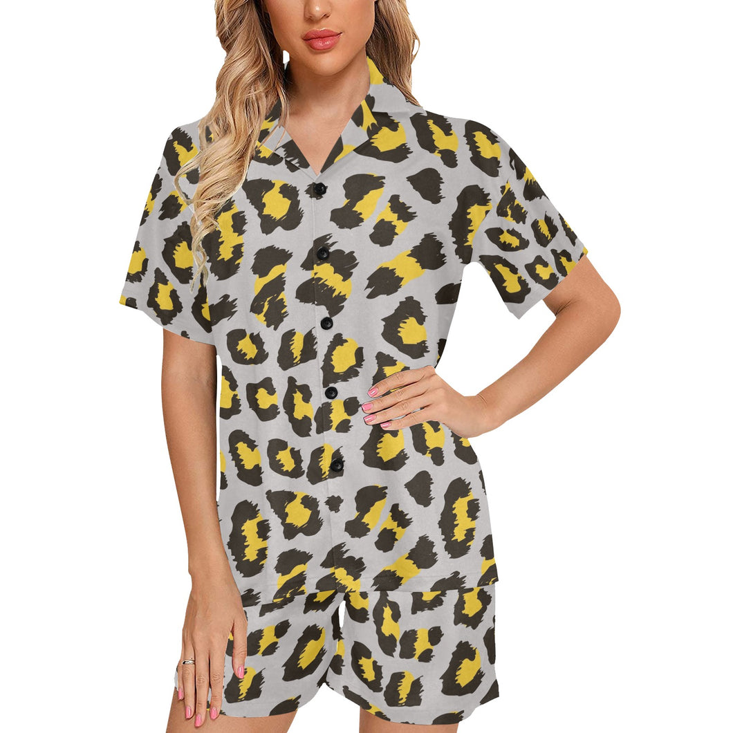 Gray Leopard print pattern Women's V-Neck Short Pajama Set