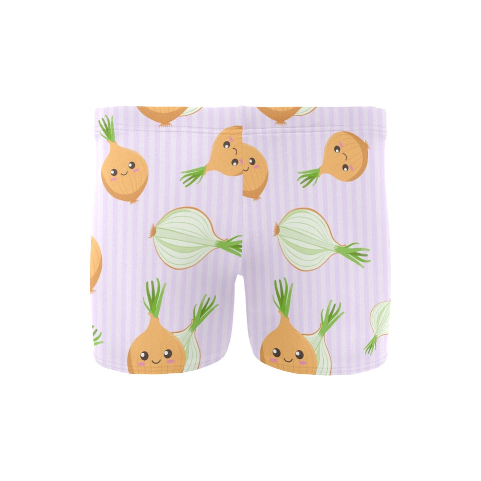 cute onions smiling faces purple background Men's Swimming Trunks